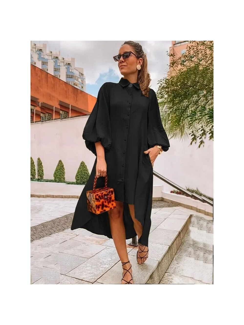 Plus Size 4X Black Button-Down High-Low Shirt Dress – Flowy & Chic